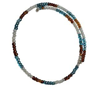 Handmade Beaded Coil Wrap Bracelet Blue White Brown Glass Beads Fashion Jewelry